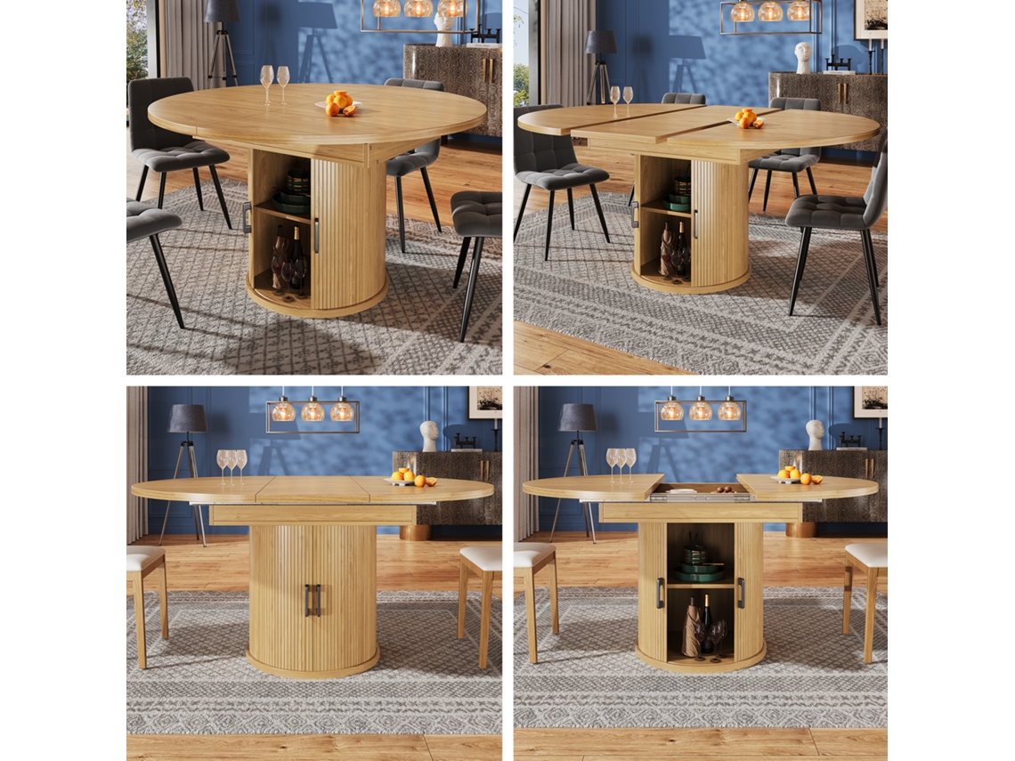 Mesa Redonda Ovalada Extensible De 118-158 Cm, De Madera, 6 Piezas.