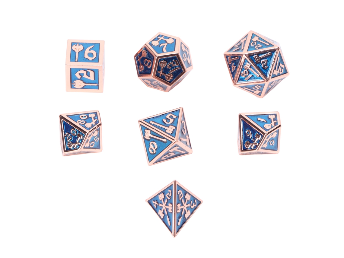 Conjunto Mali de 7 dados poliédricos de metal para jogos de tabuleiro, com números e portateis transparentes.
