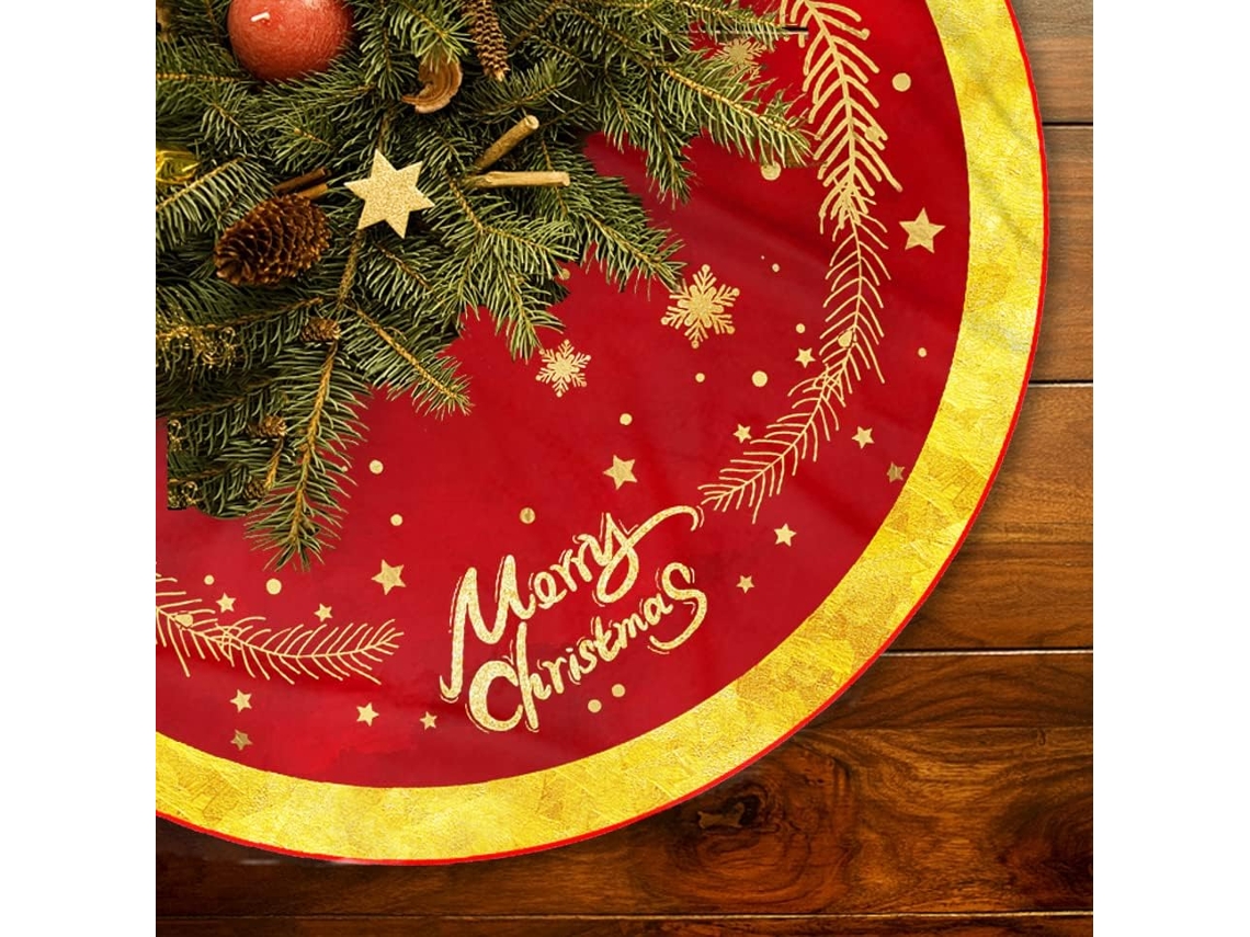 Falda de árbol de Navidad de felpa roja y dorada de 48 pulgadas con copos de nieve para fiestas navideñas, decoración para interiores y exteriores