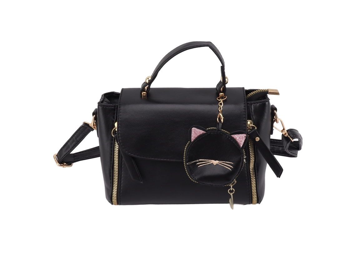 Bolso De Hombro De Pu Para Mujer Con Pequeño Bolsillo Con Forma De Gato, Correa Ajustable, Cierre De Cremallera, Resistente Al Agua, Negro.