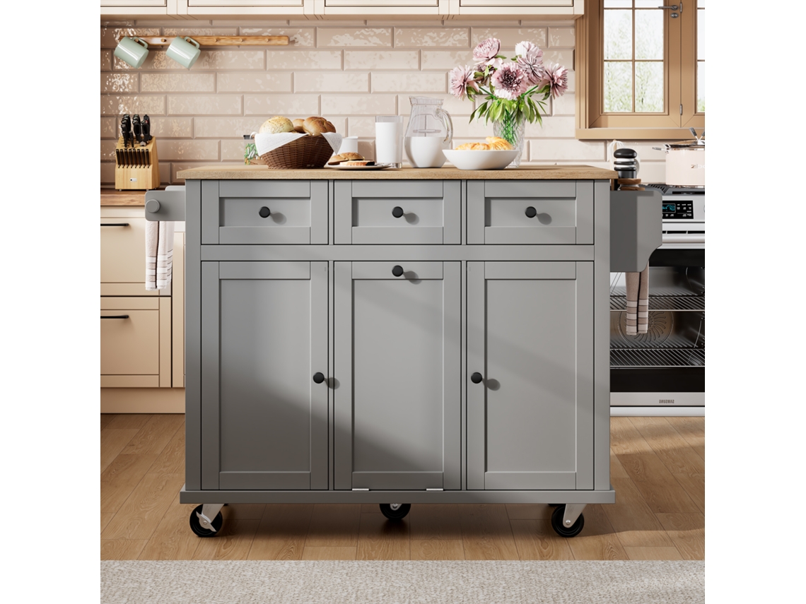 Isla de cocina con ruedas, extensible y con cubo de basura - Gris