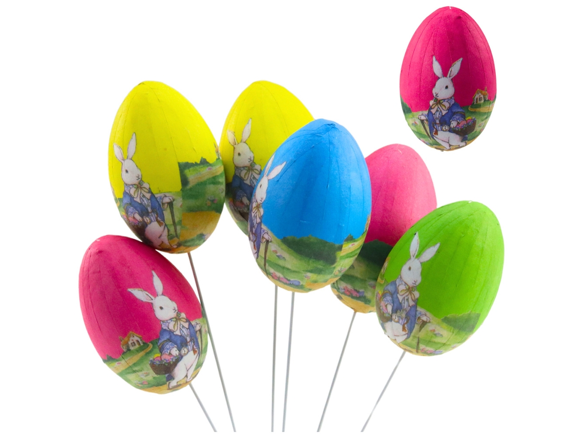 Huevos de Pascua en un conejo de alambre con decoración de cesta, 6 piezas