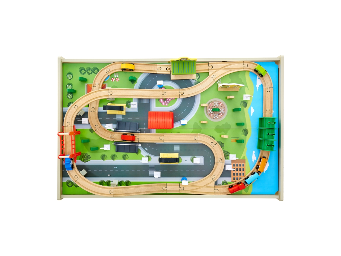 Mesa de actividades de tren de madera Succebuy con 84 piezas y almacenamiento, 97 x 62 x 39 cm
