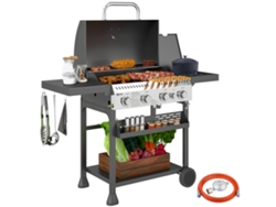 Parrilla De Gas, Barbacoa, 4 Quemadores Principales, 1 Quemador Lateral, 1 Placa Calentadora 135 X 55 X 103 Cm, Negra