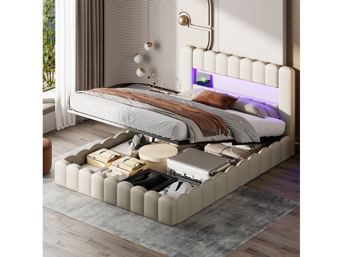 Cama Matrimonial Led Con Almacenaje Hidráulico 180x200 Cm - Cama Nido De Tela De Lino Beige, Usb Y Control Por App, Diseño Moderno