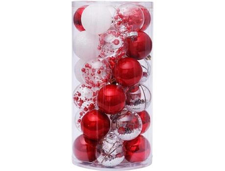 30 bolas de Navidad, 60 mm, adornos colgantes inastillables pintados, decoración de árbol de Navidad, rojo transparente y blanco