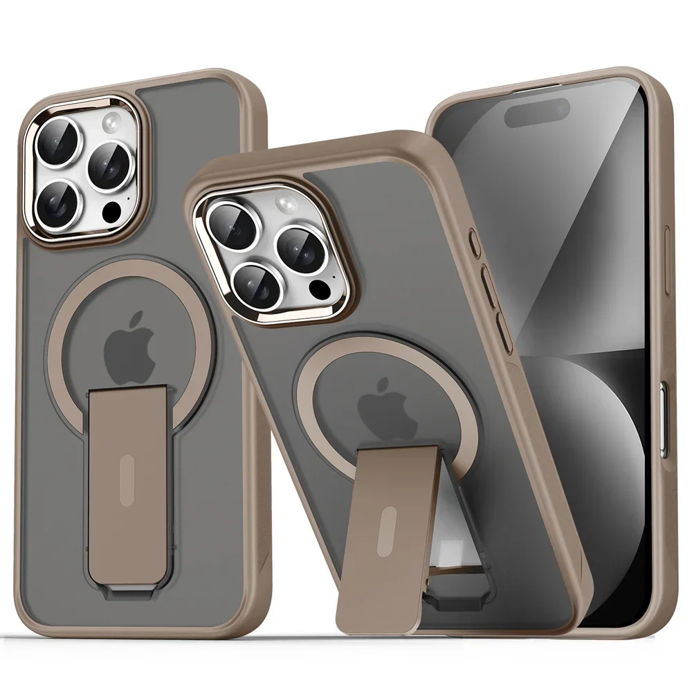 (iphone 16, Dorado) Funda Magnética Plegable Magsafe Para Iphone, Cubierta Trasera Semitransparente Mate.