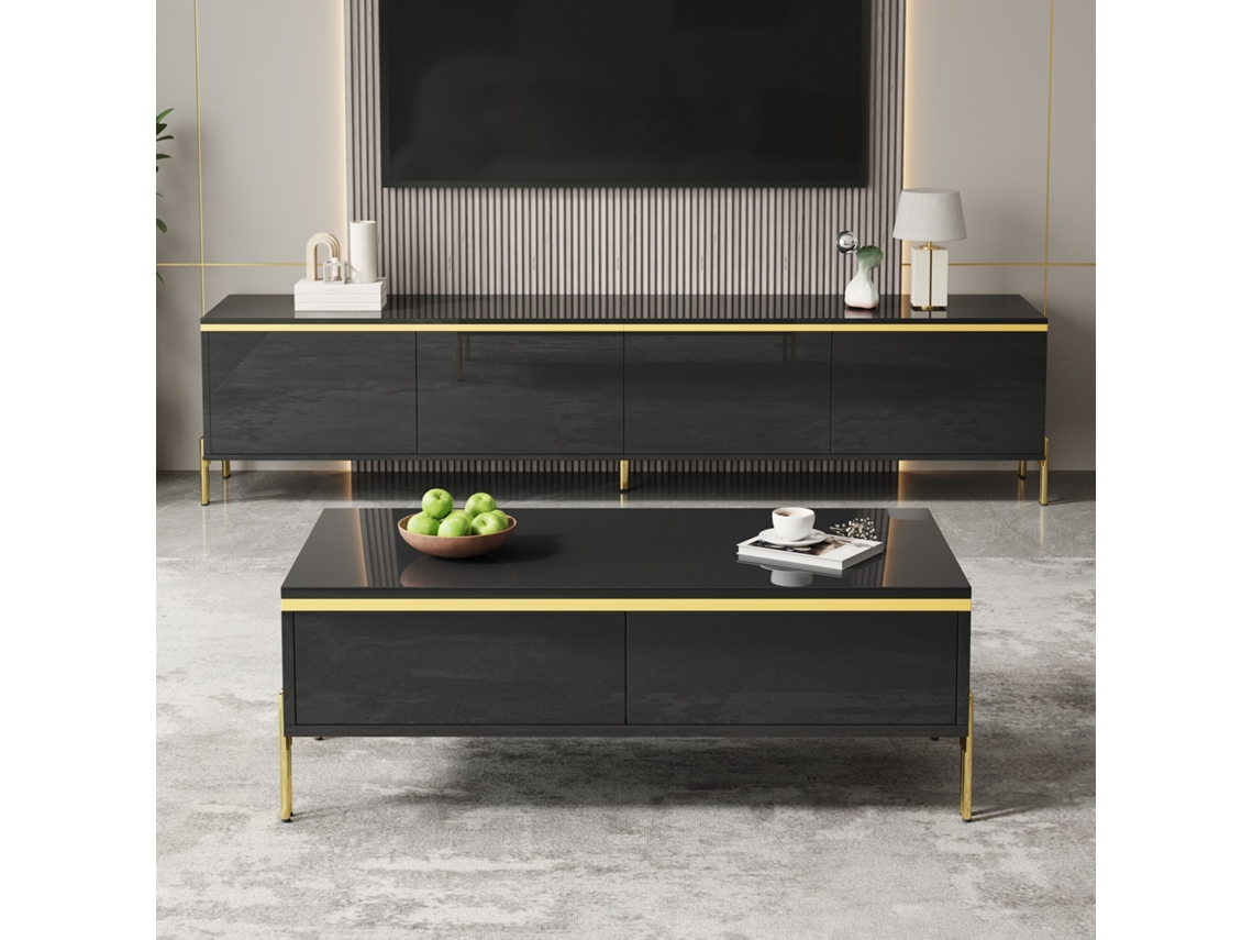 Mueble para TV de 190x35x45 cm, 3 puertas, 2 cajones, blanco y negro, elegante KOMHTOM