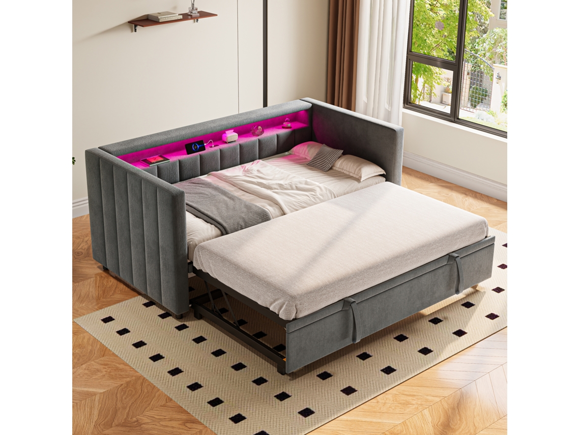 Sofá Cama Multifuncional 90x190 Cm - Cama Extraíble, Usb Type-c, Led Ambiente, Almacenamiento - Gris