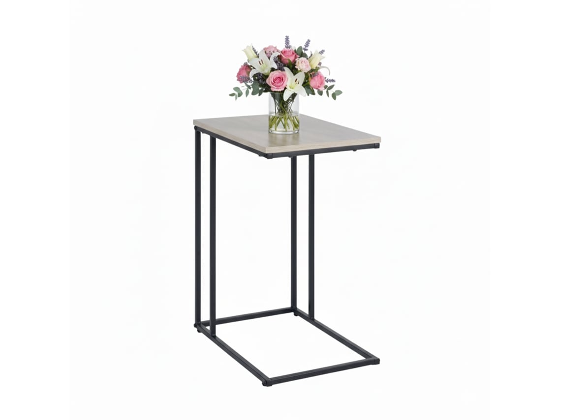 Mesa Auxiliar Relaxdays, Hbt: 64 X 50 X 35 Cm, Mdf, Hierro, Forma En C, Mesa Para Sofá, Salón, Negro/natural