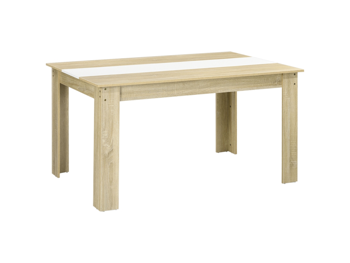 Mesa de comedor para 6 personas en madera natural y blanca, dimensiones 140 cm (largo) x 90 cm (ancho) x 75 cm (alto).