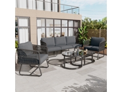 Conjunto Lounge Jardín 5 Piezas - Marco De Hierro Galvanizado, Muebles De Jardín De Cuerda, Pies Ajustables, Mesa De Vidrio Liso - Gris