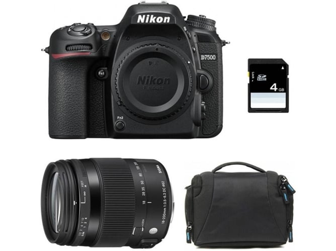 Kit Cámara Réflex NIKON D7500 + Sigma 18-200 Macro OS HSM + Bolsa + SD 4Go