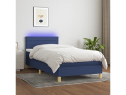 Cama Box Spring Con Colchón Y Led Tela Azul 100x200 Cm