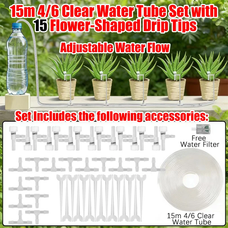 (manguera De 15 Metros, 15 Reguladores) Kit De Riego Por Goteo Para Jardín, Manguera De 4/7 Mm, Microgoteros