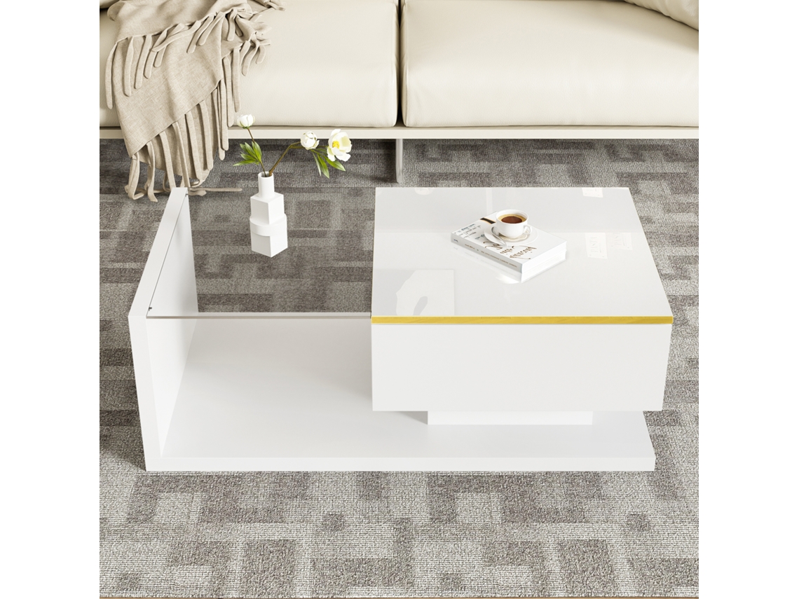 Mesa de centro moderna de vidrio con paneles de partículas e iluminación LED, estilo blanco.