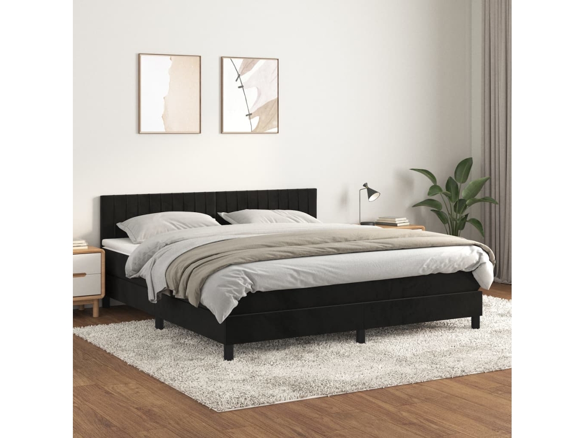 Cama Box Spring Con Colchón Terciopelo Negro 160x200 Cm