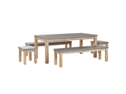 Conjunto de jardín mesa 2 bancos y 2 taburetes de cemento reforzado gris/madera clara BELIANI Ostuni