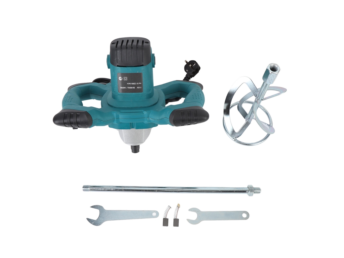 Hormigonera eléctrica de 1200 rpm y 6 velocidades ajustables, ideal para barro y pintura.