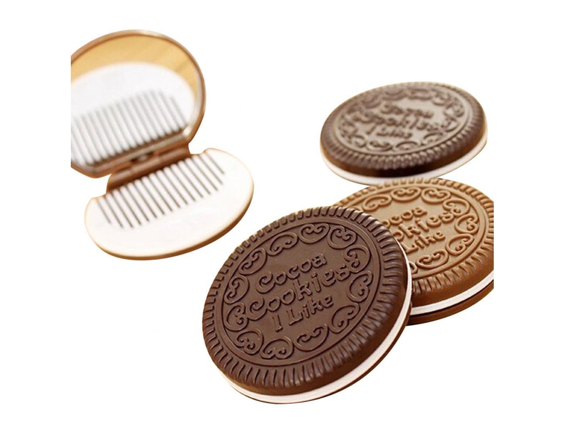 2026 - Mini Espelho Portátil com Pente - Ferramentas de Maquiagem com Design de Biscoito de Chocolate