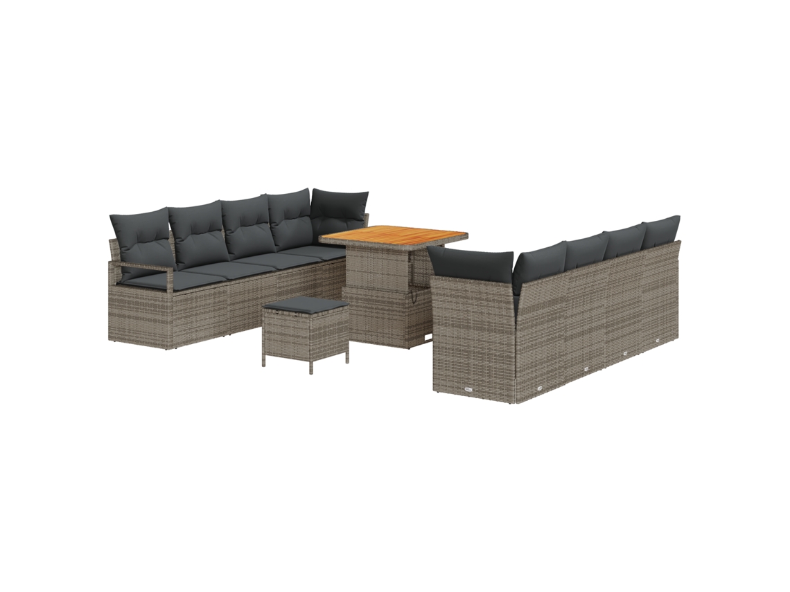 Conjunto de sofá de jardín Vidaxl de 11 piezas con cojines, gris, ratán, poliéster, acacia