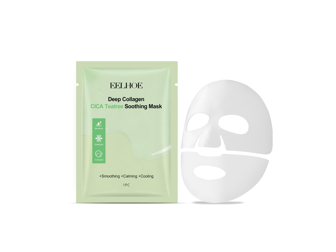 Mascarilla calmante de colágeno y árbol de té en sobres individuales.
