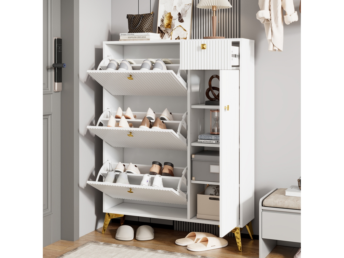 Zapatero Estrecho 121x90x25 Cm - 3 Puertas Abatibles, 1 Cajón Y 1 Puerta - Blanco