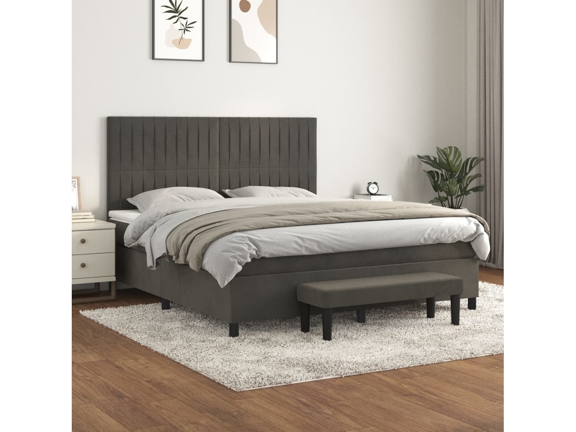 Cama Box Spring Con Colchón Terciopelo Gris Oscuro 160x200 Cm