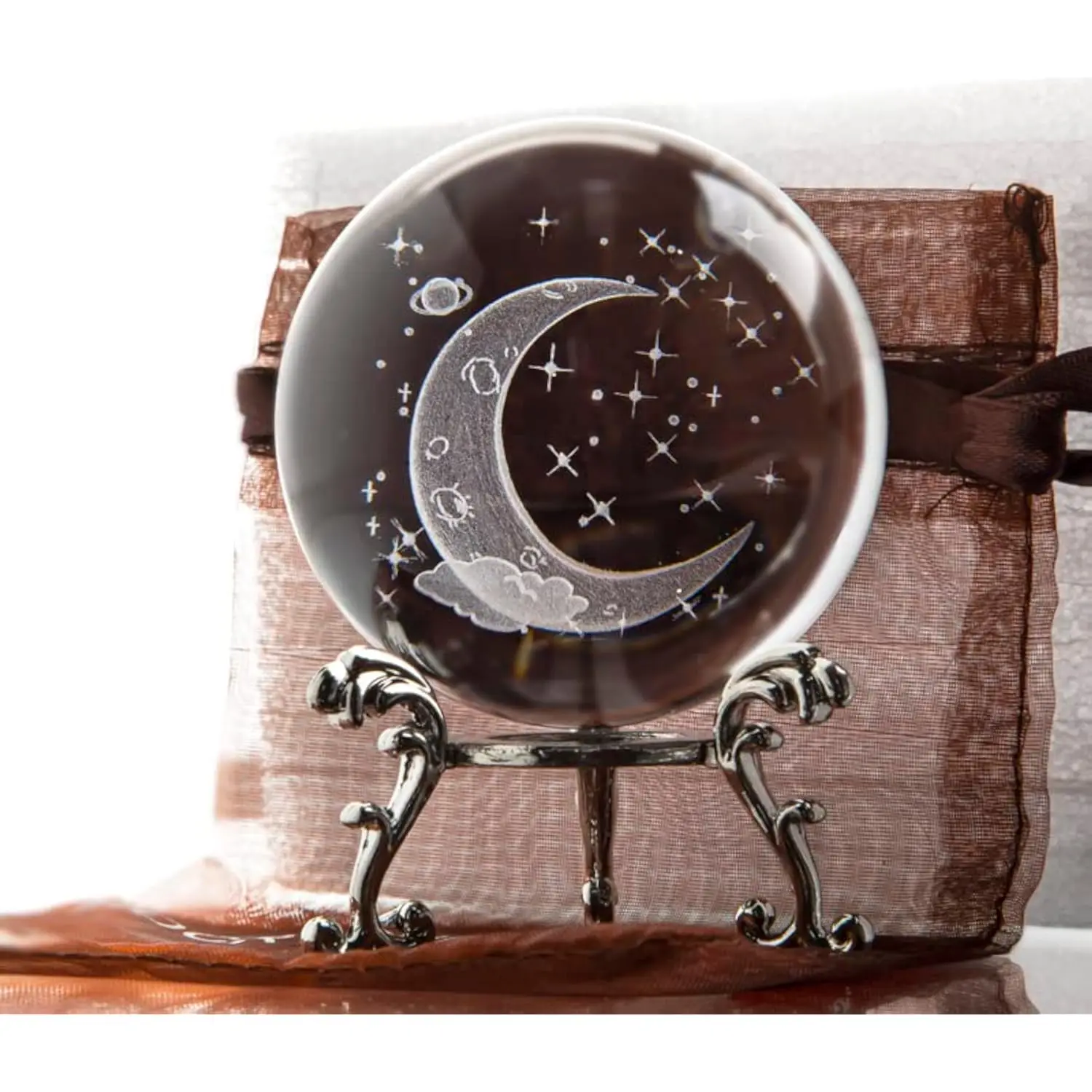 (6 Cm Con Base) Bola De Cristal De Luna Con Cielo Estrellado De 6 Cm Con Base De Metal
