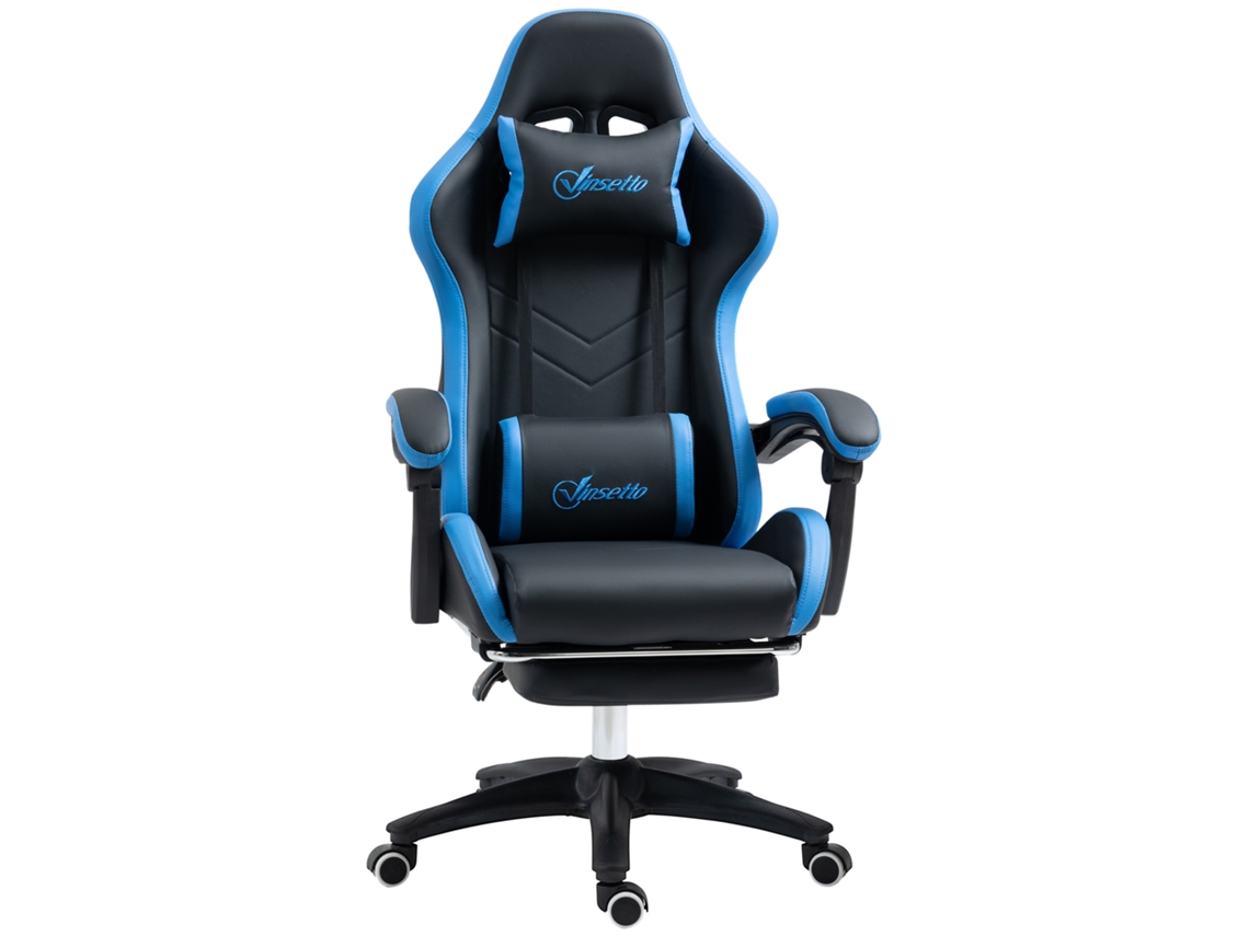 VPMKP - Silla gaming Vinsetto negra y azul ergonómica PU, reclinable hasta 135°, soporte lumbar, altura ajustable, reposacabezas y reposapiés retráctil
