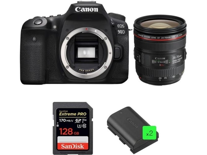 Kit Cámara Réflex CANON EOS 90D + EF 24-70mm f/4L IS USM + SanDisk 128GB + 2 LP-E6N