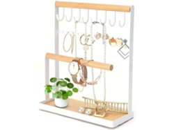 TRUYUETY Suporte Para Jóias Com Bandeja, Colares, Pulseiras, Anéis, Relógios, Vários Acessórios, Estrutura De Ferro E Barra De Madeira Branca