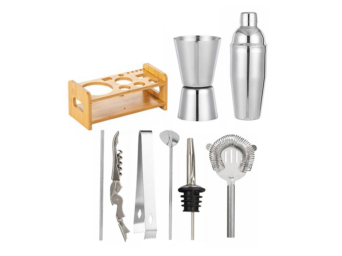 Set De Coctelería Con Coctelera De Acero Inoxidable De 750 Ml, Utensilios De Bar Y Soporte De Madera.