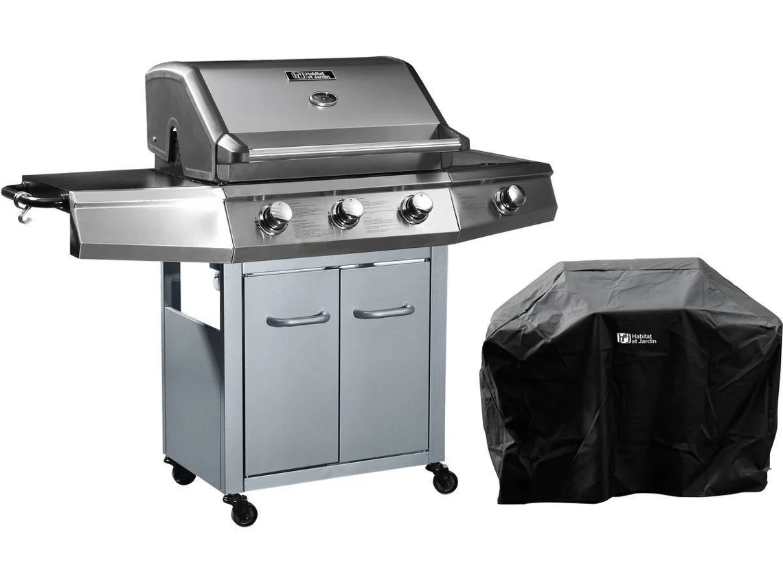 Barbacoa HABITAT ET JARDIN 'Bingo 4'' - 4 Quemadores (1 Lateral) 14Kw + Funda Protectora - Plateada