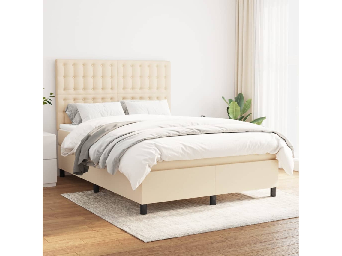 Cama Box Spring Con Colchón Tela Color Crema 140x200 Cm