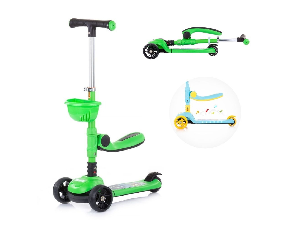 Patinete plegable infantil Chipolino Neo Rider verde con luces, música y asiento plegable