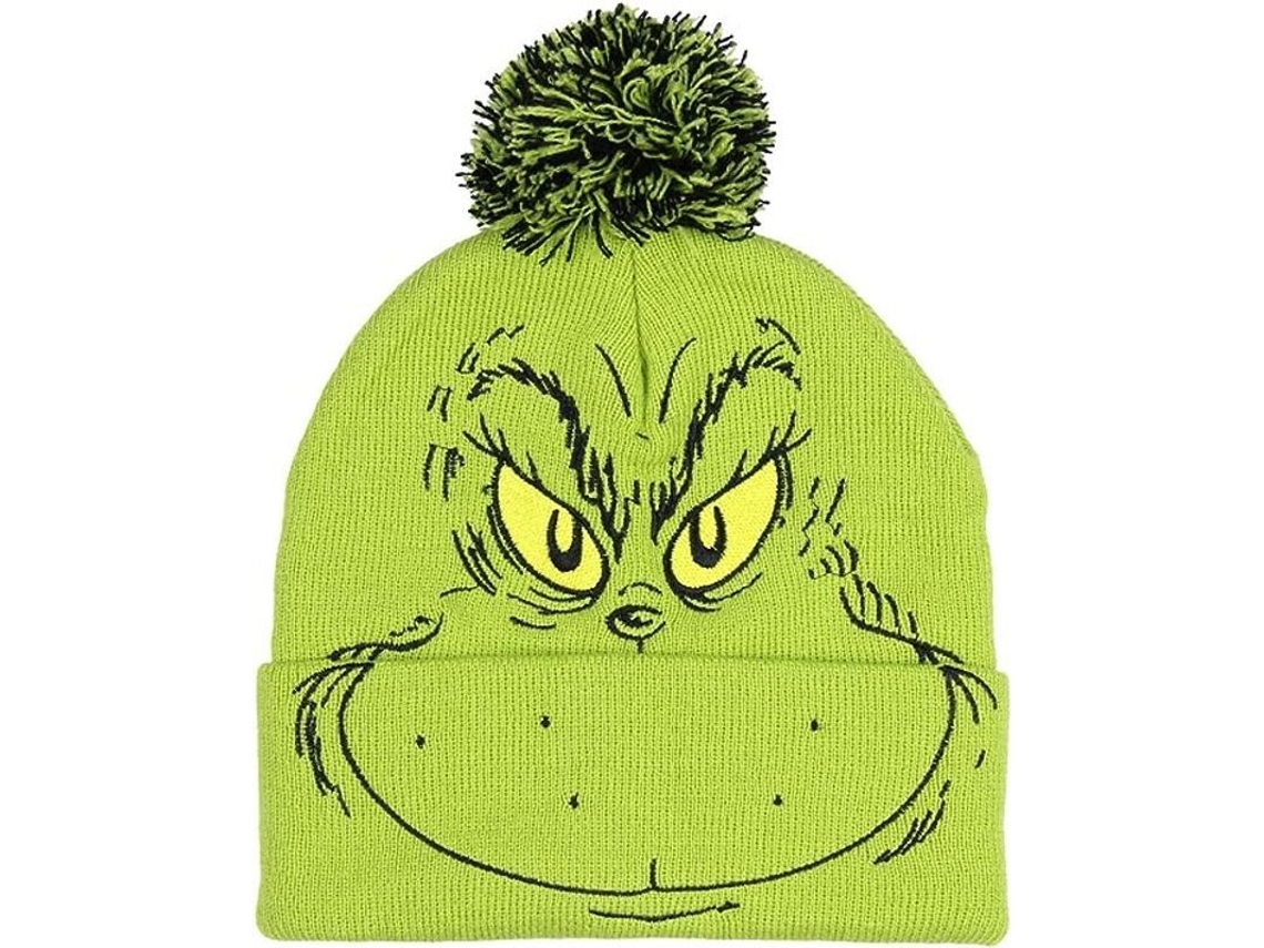 Gorro De Lana Versátil Y Caliente Con Cara De Grinch Bordada, Pompones Y Puño, Verde, Talla Única