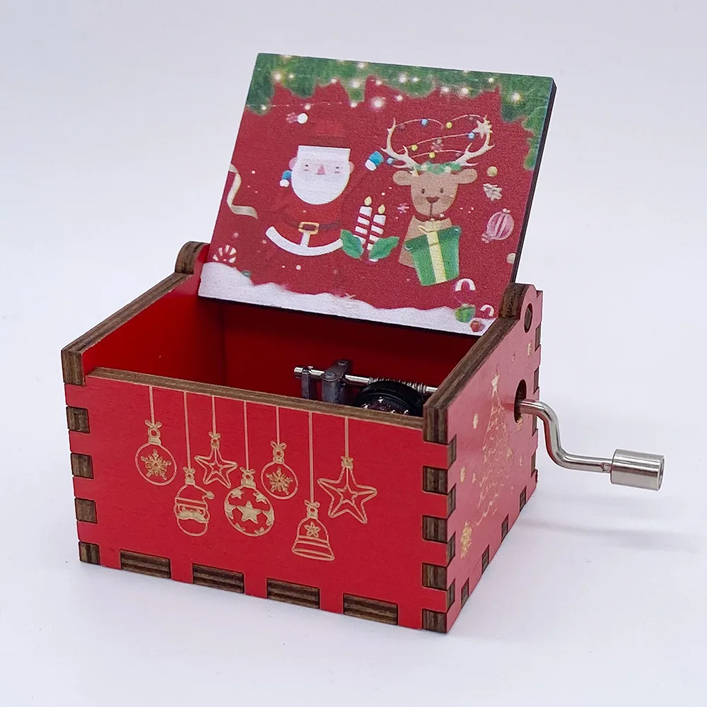 (estilo 37) Caja De Música Navideña Vintage Con Manivela, Exquisita Artesanía De Resina Y Madera Pintada A Mano.