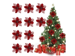 10 Flores Artificiales De Nochebuena Con Purpurina, Decoración Navideña Reutilizable, 11 Cm.