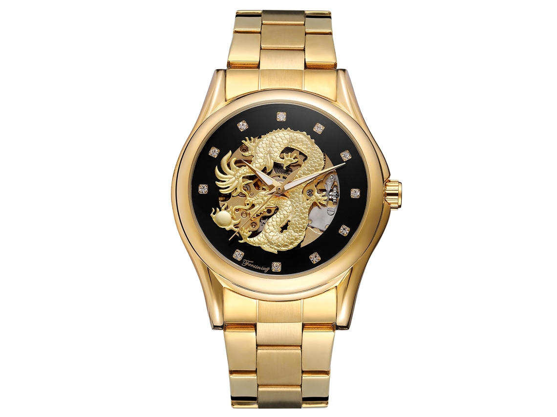 Reloj Mecánico Automático Para Hombre Forsining, Caja Hueca, Resistente Al Agua, Brazalete Dorado.