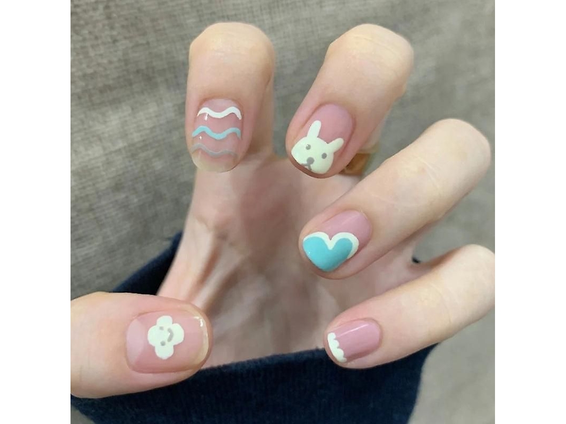 Uñas Postizas Cortas Rosas Removibles Para Hacer Tú Misma Con Nubes, Conejos Y Corazones - 24 Piezas