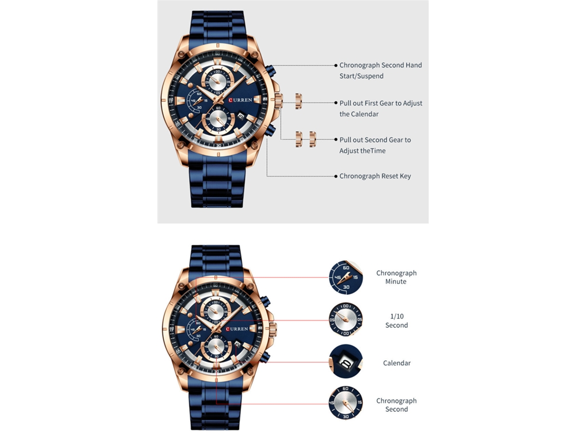 (reloj De Hombre, Dorado) Reloj De Negocios Con Calendario, Correa De Acero, Seis Agujas, Multifuncional
