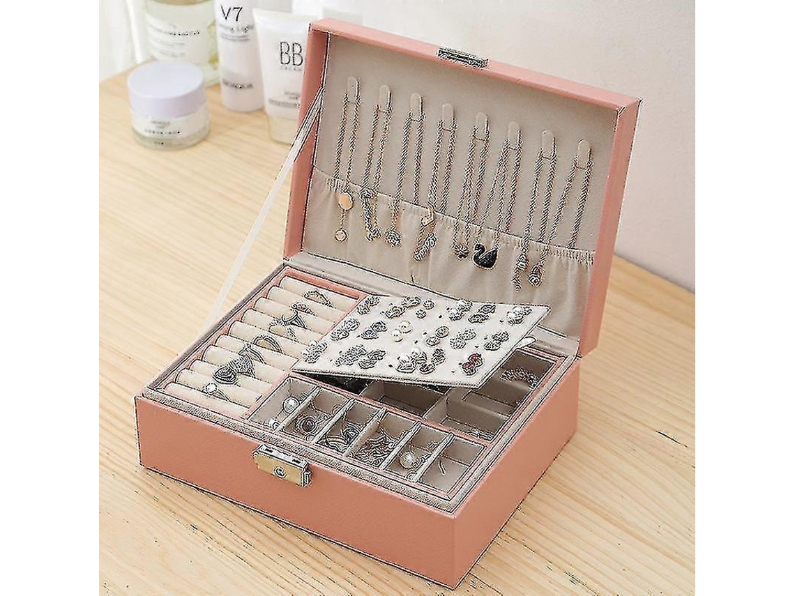 Organizador de joyas para mujer, estuche de cuero sintético de doble capa para aretes, pulseras y anillos. Hengjian