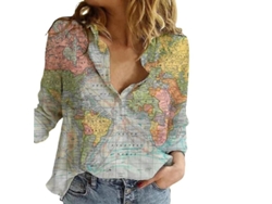 2026-blusa De Manga Larga Para Mujer Con Estampado De Mapa Mundial Cuello Solapa Casual Verano Algodón