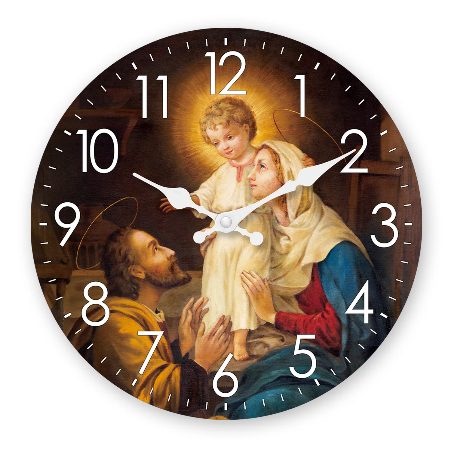 Relógio De Parede De Madeira (25 Cm) Com Cena Religiosa Do Nascimento De Jesus, Deus E A Virgem Maria.