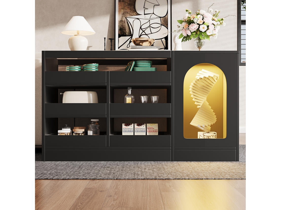 Aparador Moderno 120x40x75cm Con 6 Cajones Y 1 Puerta Con Led MDF Estilo Negro