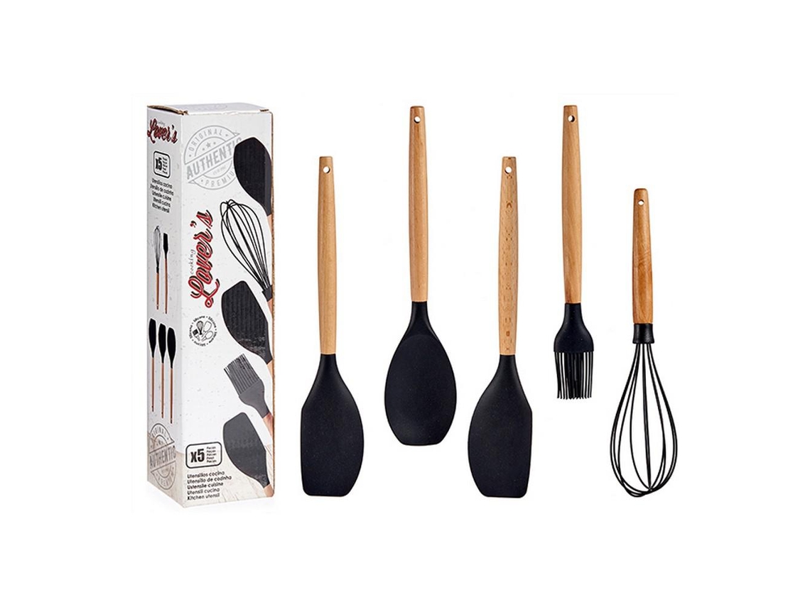 Set 5 Utensilios Cocina Silicona Mango Madera Haya