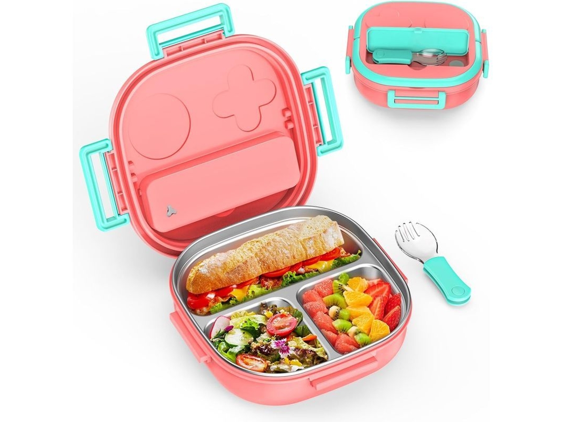 Caja De Almuerzo De Acero Inoxidable Para Niños Con Cubiertos Portátiles Y Compartimentos Seguros Rosado 3 Compartimentos