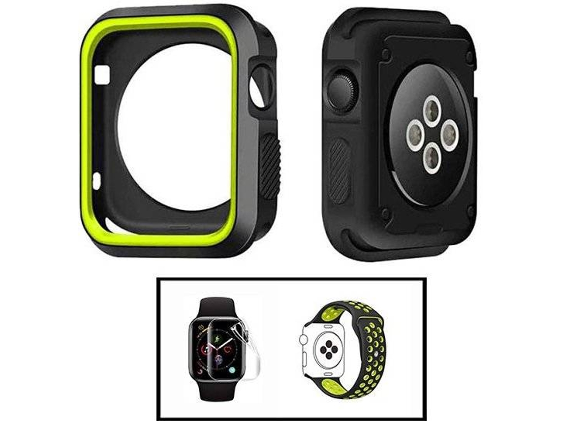 Carcasa Military + Correa SportyStyle + Protector de Hydrogel PHONECARE Apple iWatch Series 5 - 44mm Negro y Verde Fluorescente