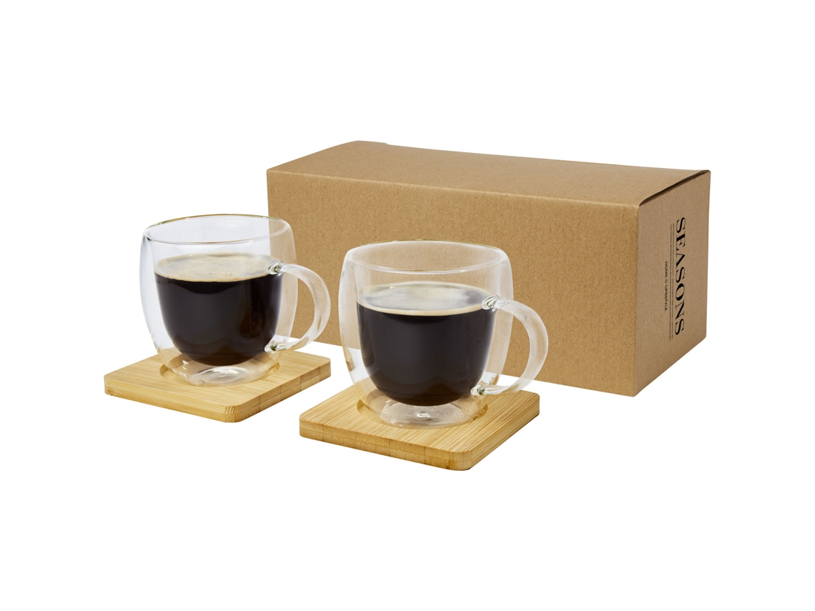 Dos Tazas De Vidrio De Doble Pared De 250 Ml Con Posavasos De Bambú "manti"